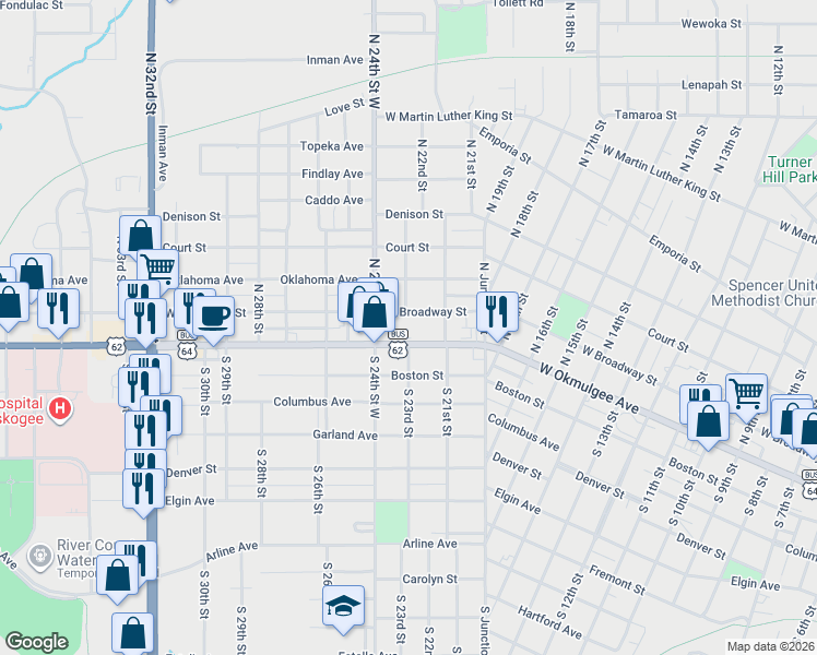 map of restaurants, bars, coffee shops, grocery stores, and more near 2130 West Okmulgee Avenue in Muskogee
