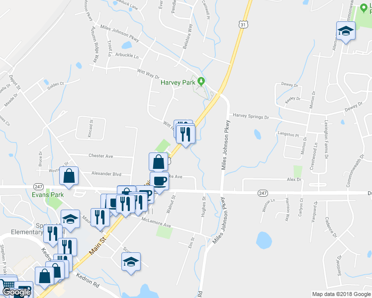 map of restaurants, bars, coffee shops, grocery stores, and more near 5228 Main Street in Spring Hill