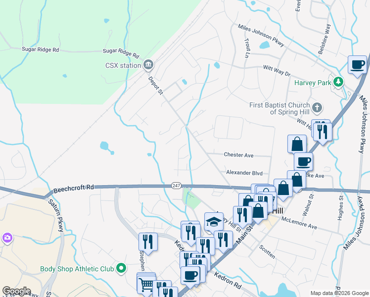 map of restaurants, bars, coffee shops, grocery stores, and more near 430 Bruce Drive in Spring Hill