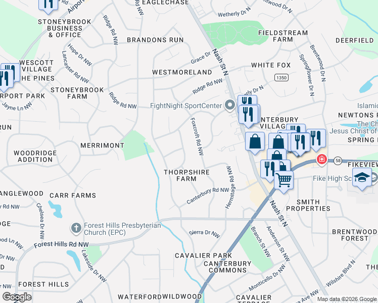 map of restaurants, bars, coffee shops, grocery stores, and more near 2212 Sulgrave Drive Northwest in Wilson
