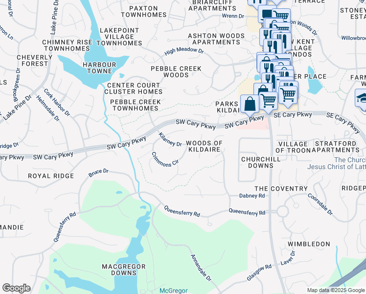 map of restaurants, bars, coffee shops, grocery stores, and more near 102 Crimmons Cir in Cary