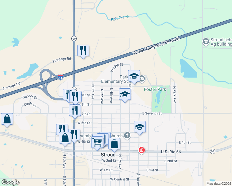 map of restaurants, bars, coffee shops, grocery stores, and more near 315 West 9th Street in Stroud