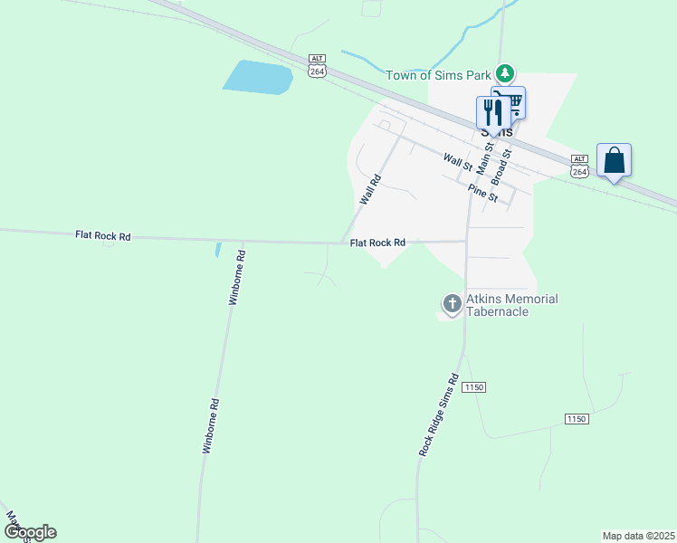 map of restaurants, bars, coffee shops, grocery stores, and more near 6777 Flat Rock Road in Sims
