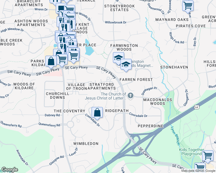 map of restaurants, bars, coffee shops, grocery stores, and more near 10113 Whitemark Lane in Cary