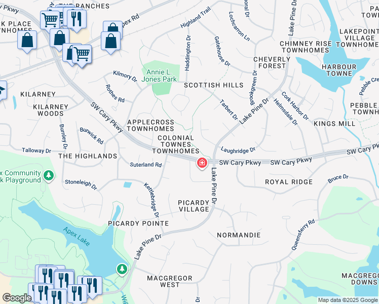 map of restaurants, bars, coffee shops, grocery stores, and more near 129 Charter Court in Cary