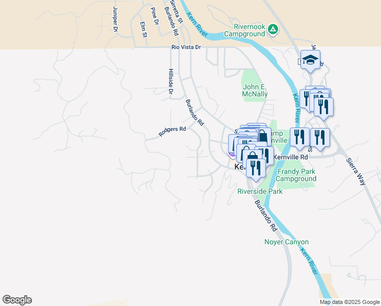 map of restaurants, bars, coffee shops, grocery stores, and more near 141 Panorama Drive in Kernville