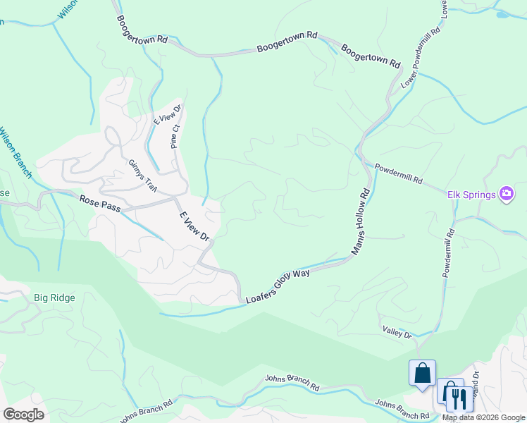map of restaurants, bars, coffee shops, grocery stores, and more near 2160 Red Bud Road in Pigeon Forge