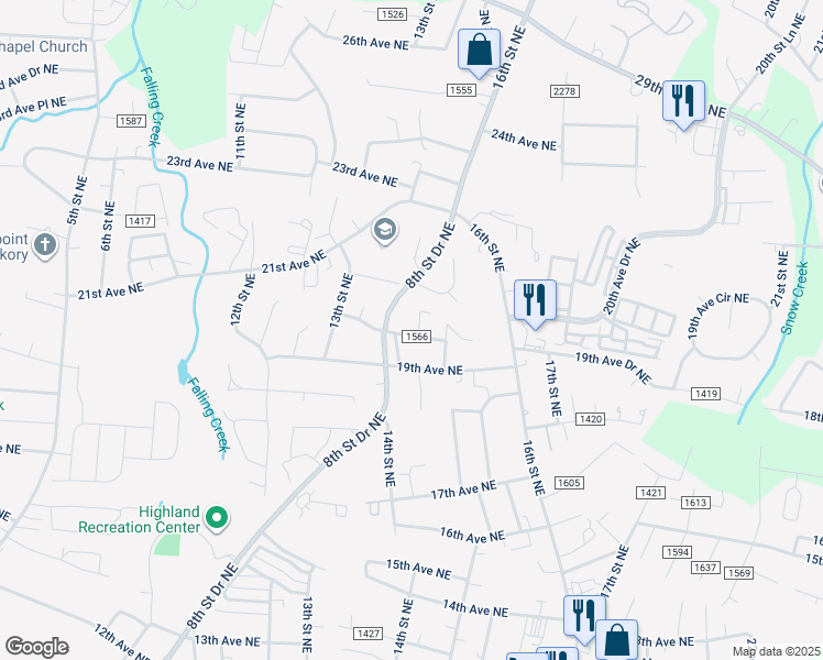 map of restaurants, bars, coffee shops, grocery stores, and more near 1415 20th Avenue Northeast in Hickory