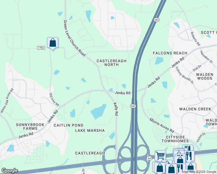 map of restaurants, bars, coffee shops, grocery stores, and more near 7540-7598 Jenks Road in Apex