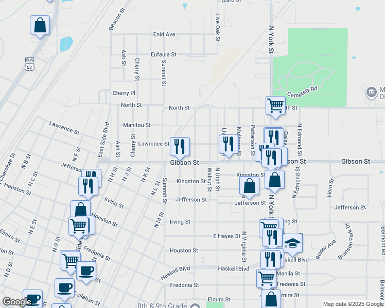map of restaurants, bars, coffee shops, grocery stores, and more near 1161 Chestnut Street in Muskogee