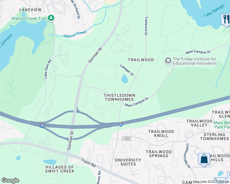 map of restaurants, bars, coffee shops, grocery stores, and more near Lethbridge Court in Raleigh