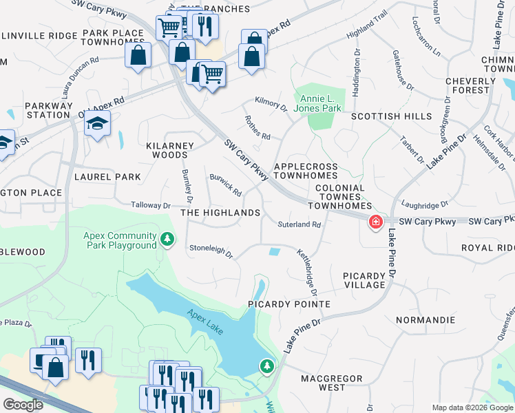 map of restaurants, bars, coffee shops, grocery stores, and more near 1805 Tarbert Drive in Cary