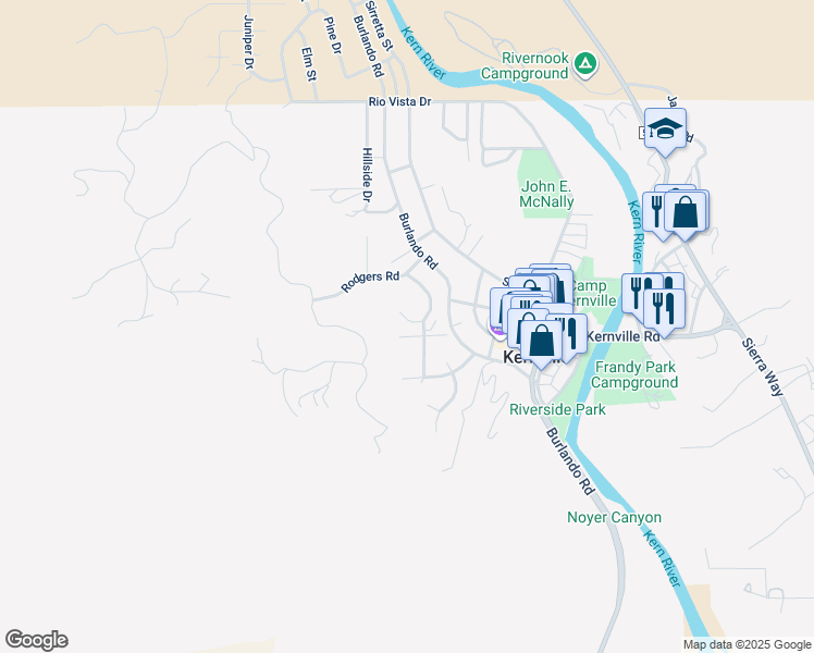map of restaurants, bars, coffee shops, grocery stores, and more near 141 Panorama Drive in Kernville
