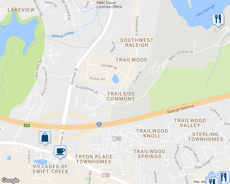 map of restaurants, bars, coffee shops, grocery stores, and more near 1621 Claiborne Court in Raleigh