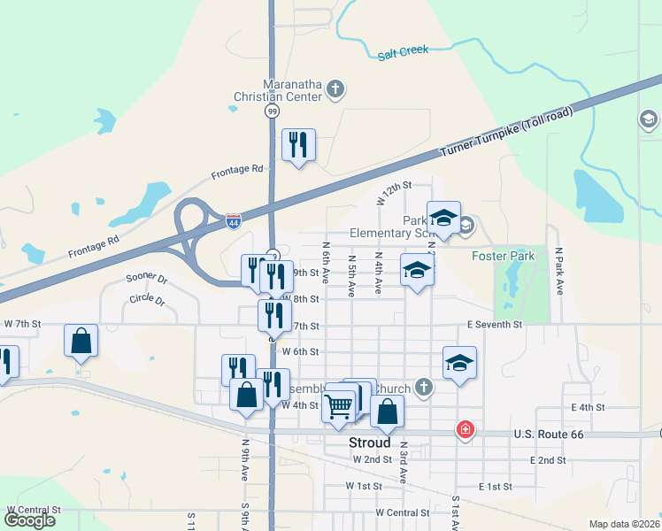 map of restaurants, bars, coffee shops, grocery stores, and more near 523 West 9th Street in Stroud