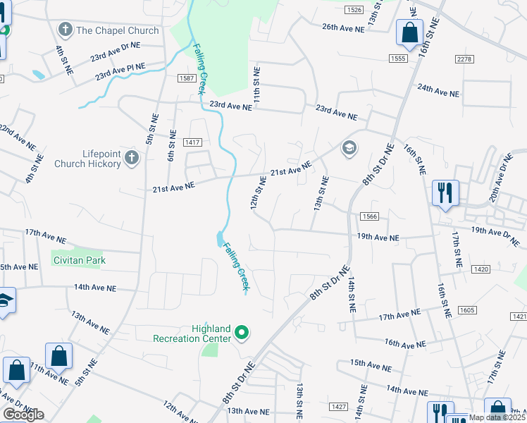 map of restaurants, bars, coffee shops, grocery stores, and more near 1930 12th Street Northeast in Hickory