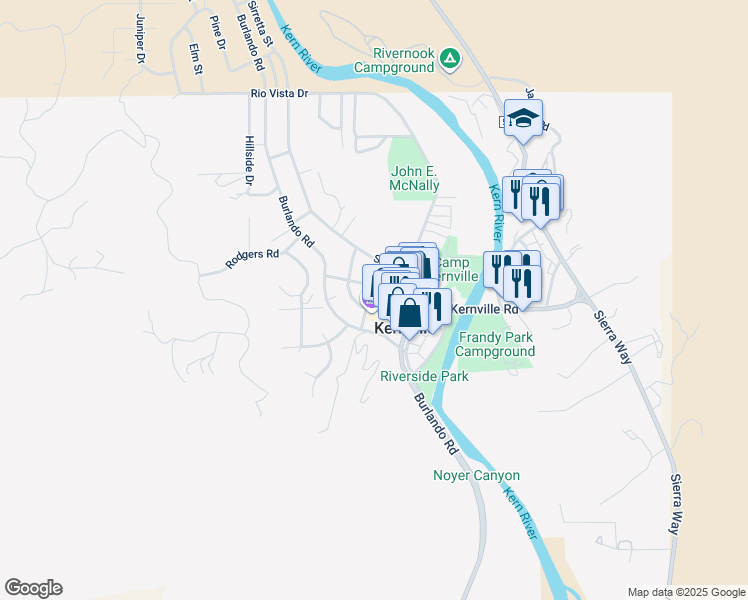 map of restaurants, bars, coffee shops, grocery stores, and more near 60 Big Blue Road in Kernville