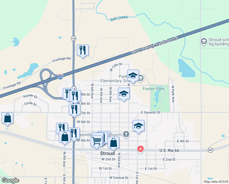 map of restaurants, bars, coffee shops, grocery stores, and more near 315 West 9th Street in Stroud