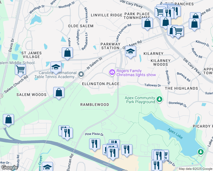 map of restaurants, bars, coffee shops, grocery stores, and more near 749 Sweet Laurel Lane in Apex