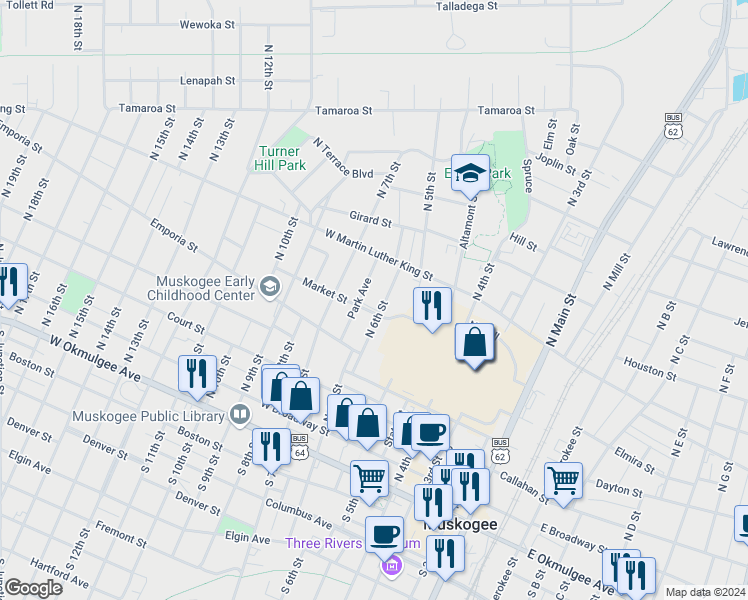 map of restaurants, bars, coffee shops, grocery stores, and more near 545 North 6th Street in Muskogee