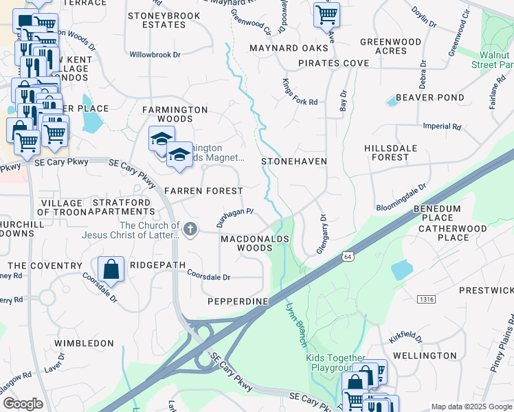 map of restaurants, bars, coffee shops, grocery stores, and more near 108 Dunhagan Place in Cary