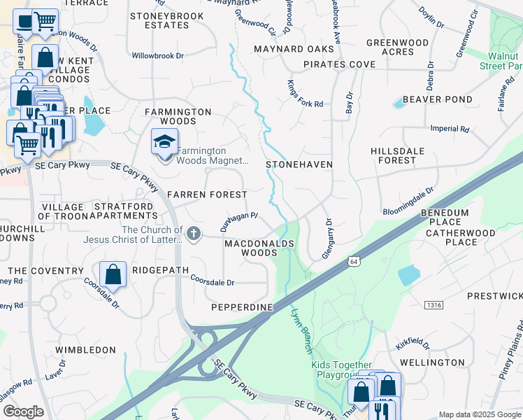 map of restaurants, bars, coffee shops, grocery stores, and more near 108 Dunhagan Place in Cary