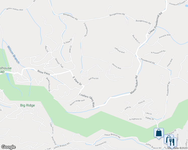 map of restaurants, bars, coffee shops, grocery stores, and more near 2129 Red Bud Road in Sevierville