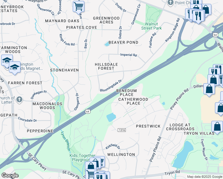 map of restaurants, bars, coffee shops, grocery stores, and more near 1321 Bloomingdale Drive in Cary