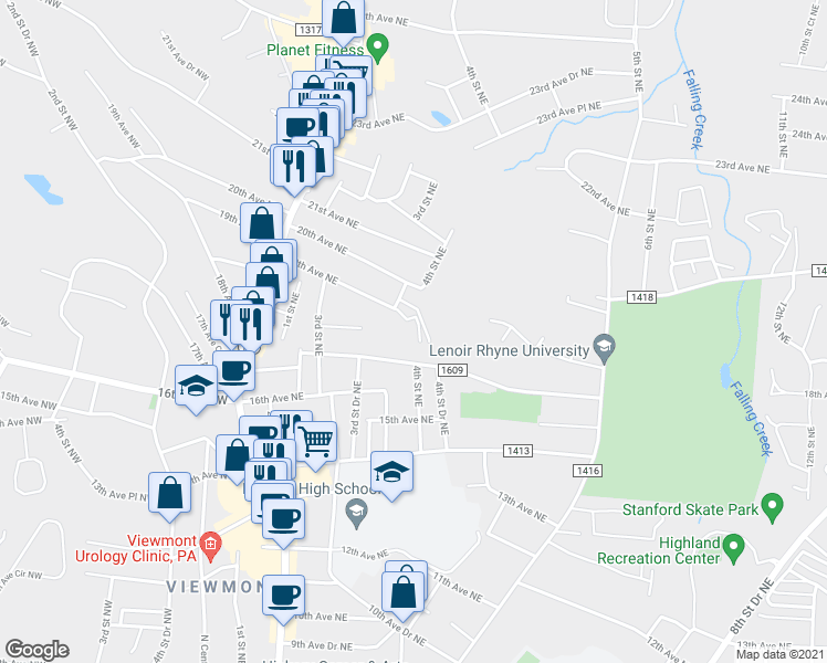 map of restaurants, bars, coffee shops, grocery stores, and more near 423 19th Avenue Northeast in Hickory