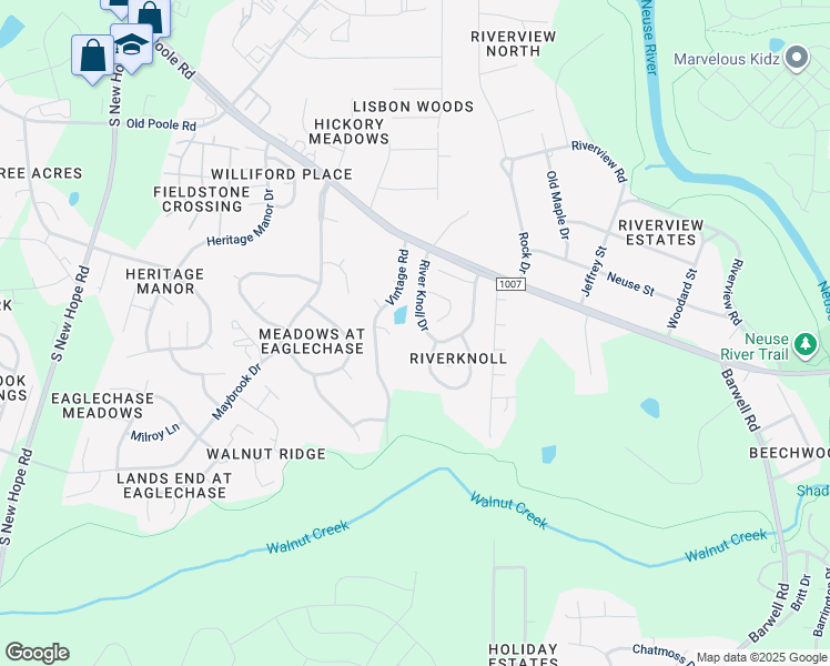 map of restaurants, bars, coffee shops, grocery stores, and more near 1724 River Knoll Drive in Raleigh