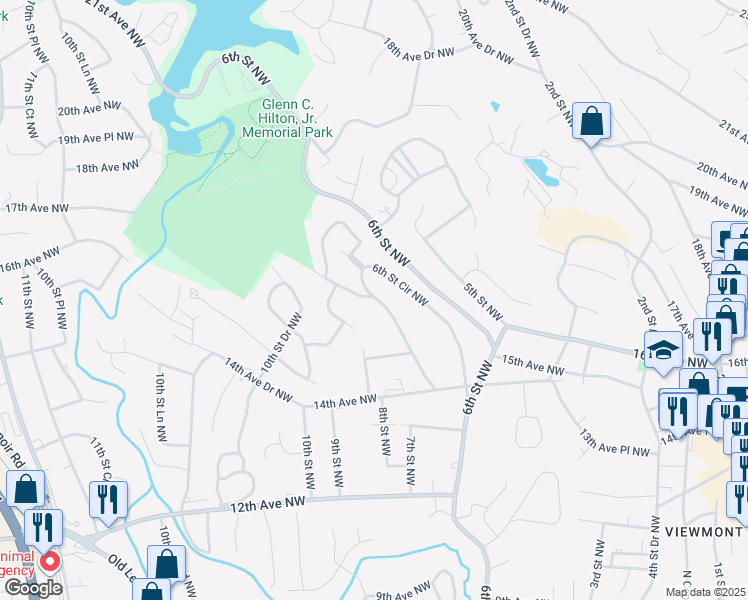 map of restaurants, bars, coffee shops, grocery stores, and more near 1437 6th Street Circle Northwest in Hickory