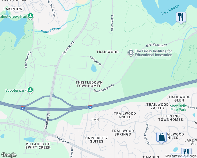 map of restaurants, bars, coffee shops, grocery stores, and more near 1805 Trailwood Drive in Raleigh
