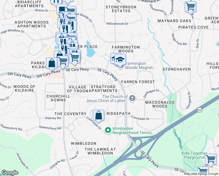 map of restaurants, bars, coffee shops, grocery stores, and more near 10113 Whitemark Lane in Cary