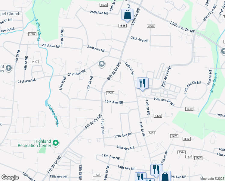 map of restaurants, bars, coffee shops, grocery stores, and more near 1415 20th Avenue Northeast in Hickory