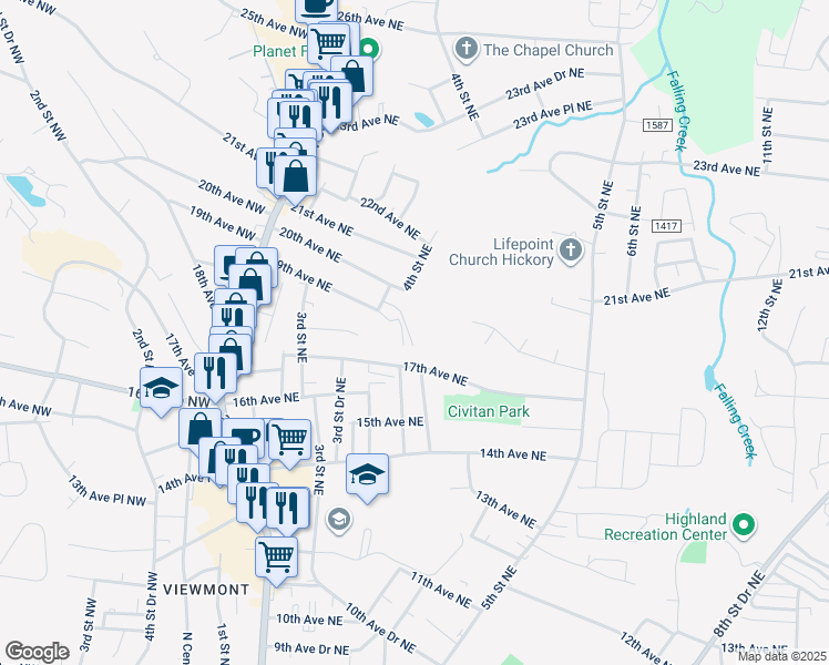 map of restaurants, bars, coffee shops, grocery stores, and more near 423 19th Avenue Northeast in Hickory