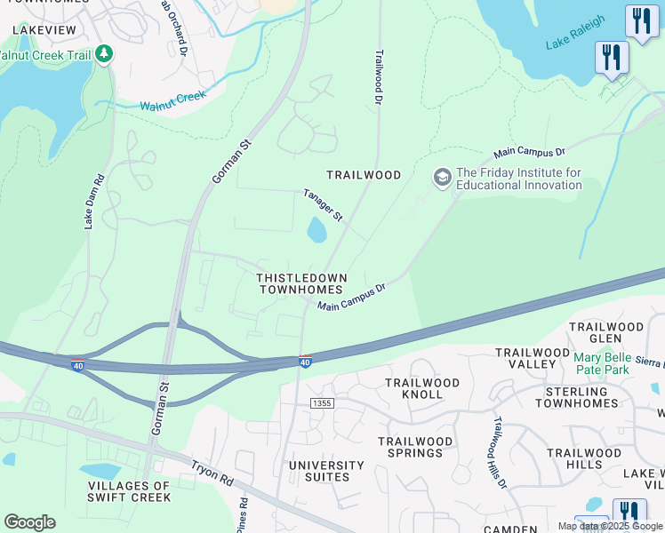 map of restaurants, bars, coffee shops, grocery stores, and more near 1805 Trailwood Drive in Raleigh
