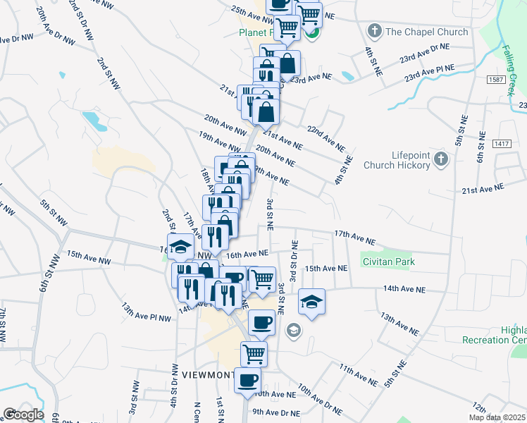 map of restaurants, bars, coffee shops, grocery stores, and more near 1725 3rd Street Northeast in Hickory