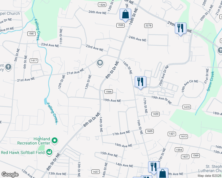 map of restaurants, bars, coffee shops, grocery stores, and more near 1415 20th Avenue Northeast in Hickory
