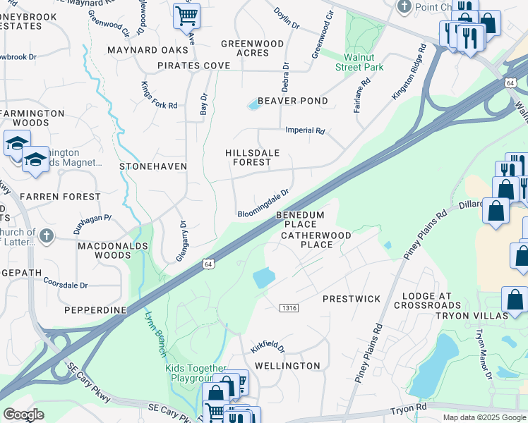 map of restaurants, bars, coffee shops, grocery stores, and more near 1321 Bloomingdale Drive in Cary