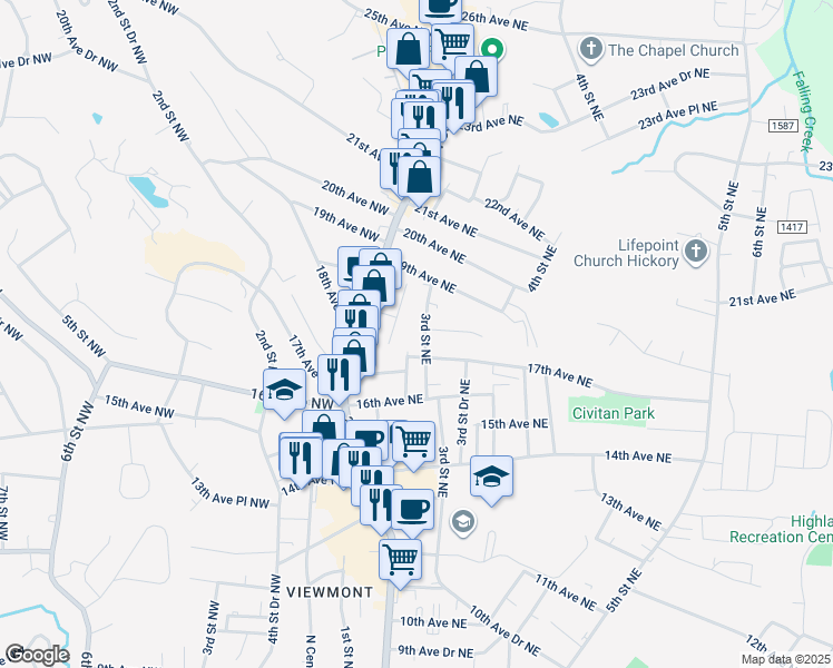 map of restaurants, bars, coffee shops, grocery stores, and more near 1725 3rd Street Northeast in Hickory