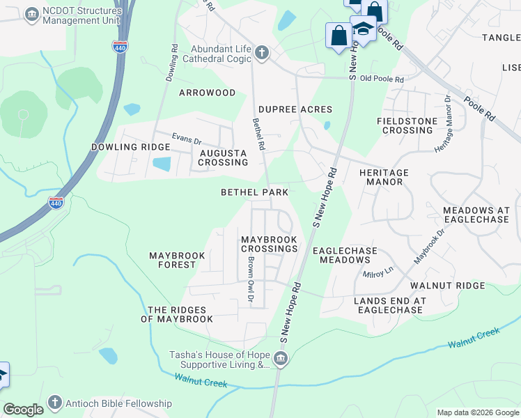 map of restaurants, bars, coffee shops, grocery stores, and more near 1718 Bethel Rd in Raleigh