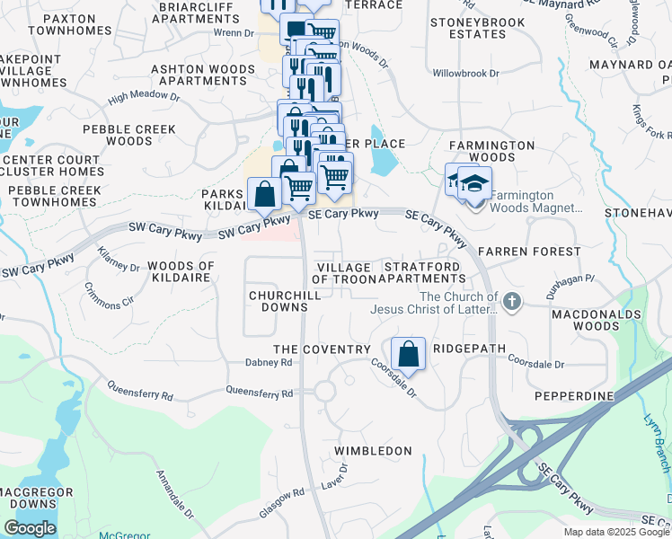 map of restaurants, bars, coffee shops, grocery stores, and more near 316 Troon Village Lane in Cary