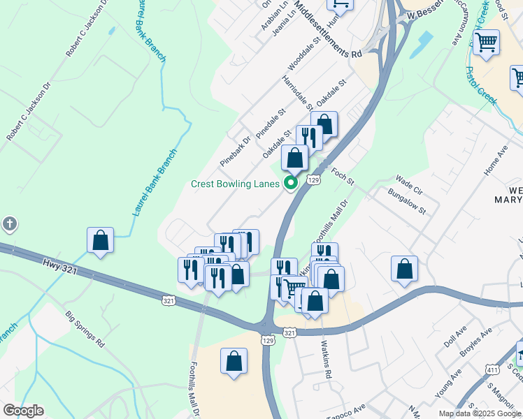 map of restaurants, bars, coffee shops, grocery stores, and more near 418 Whitecrest Drive in Maryville