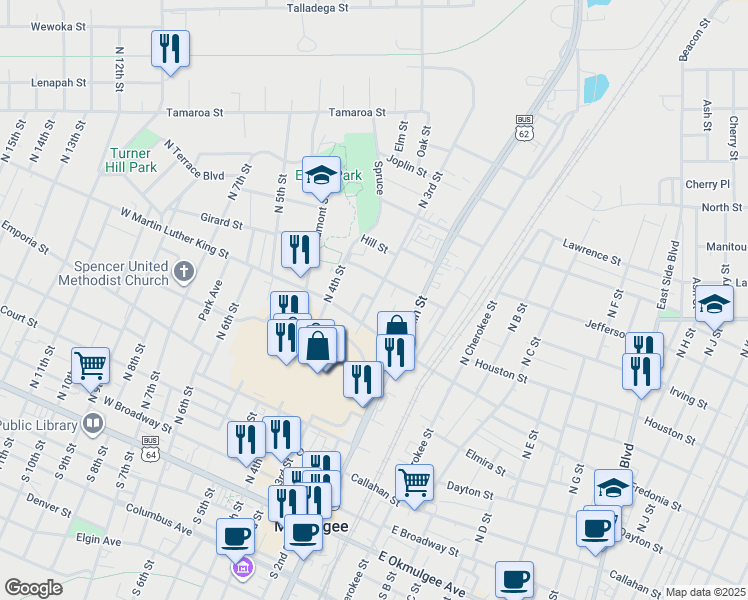 map of restaurants, bars, coffee shops, grocery stores, and more near 652 North 3rd Street in Muskogee