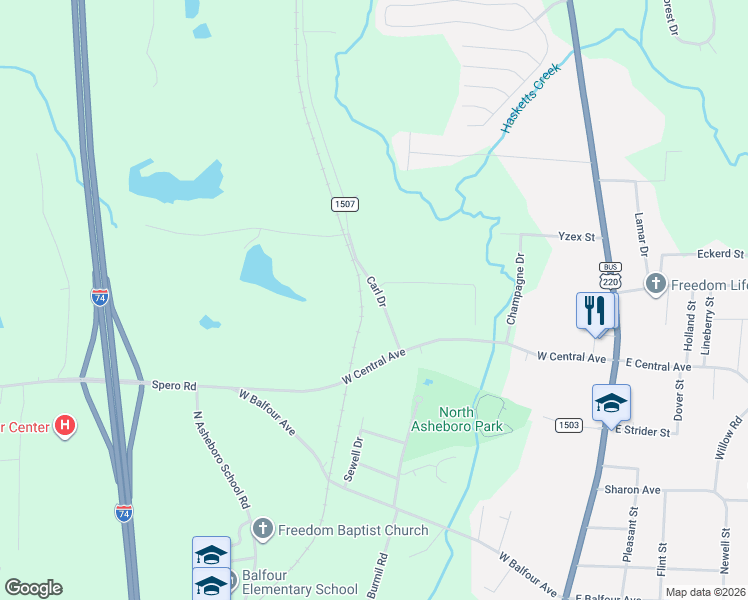map of restaurants, bars, coffee shops, grocery stores, and more near 2025 Carl Drive in Asheboro