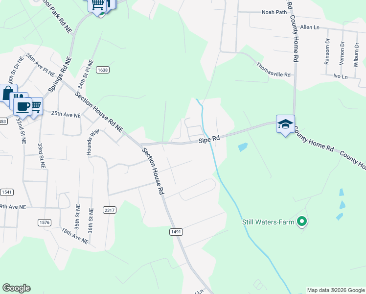 map of restaurants, bars, coffee shops, grocery stores, and more near 2041 Sipe Road in Conover