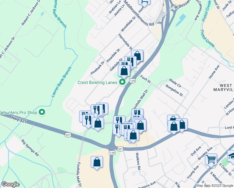 map of restaurants, bars, coffee shops, grocery stores, and more near 427 Whitecrest Drive in Maryville