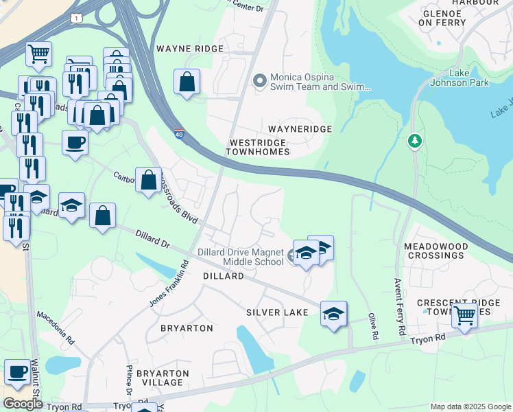 map of restaurants, bars, coffee shops, grocery stores, and more near 5420 Eagle Cloud Trail in Raleigh
