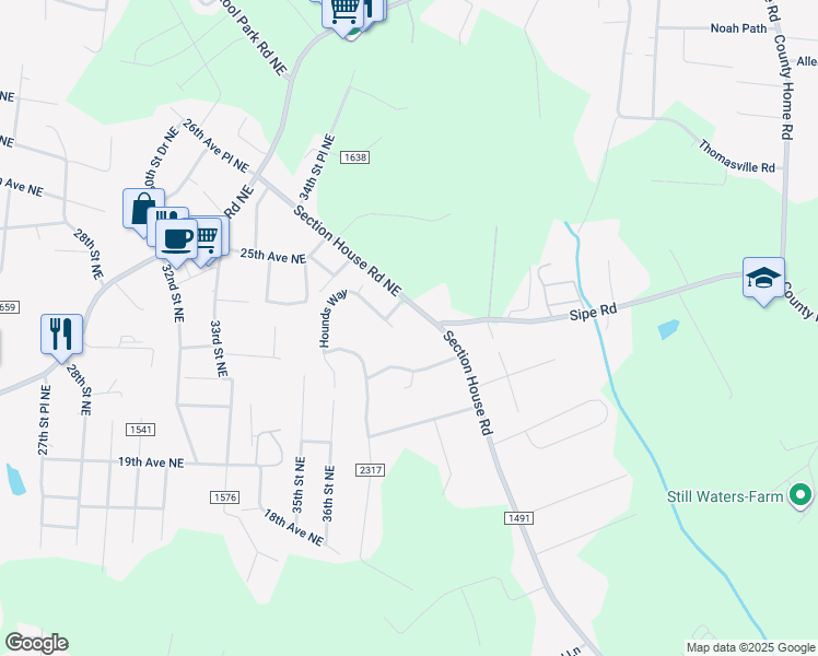 map of restaurants, bars, coffee shops, grocery stores, and more near 2192 Hounds Way in Hickory