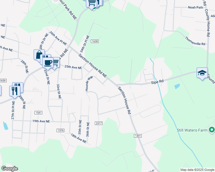 map of restaurants, bars, coffee shops, grocery stores, and more near 2192 Hounds Way in Hickory